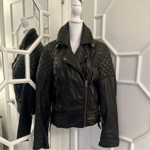 All Saints Leather Walker Quilted Biker Ladies Jacket Black Zip Collared Size 12